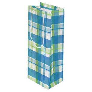 Bolsa Para Vino Verde y azul de la tela escocesa de Madras