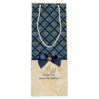 Bolsa Para Vino Vintage Navy Gold Damask Look Gracias con Nombre