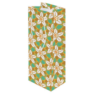 Bolsa Para Vino Vintage Patrón de Jonquilo floral verde y amarillo