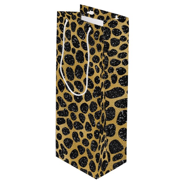 BOLSA PARA VINO ZONAS DE LEOPARDO NEGRO Y ORO (Angulo Anverso)