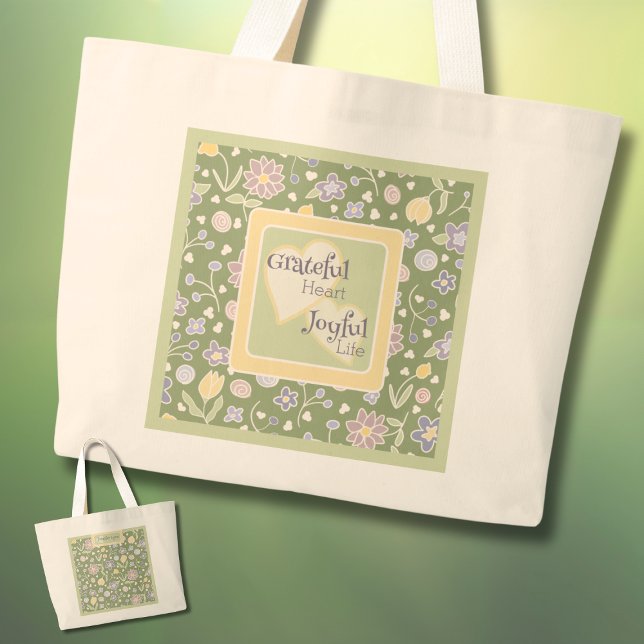 Bolsa personalizada de corazón agradecido y vida a (Grateful Heart Joyful Life Personalized Tote Bag – Floral Green Inspirational Gift)