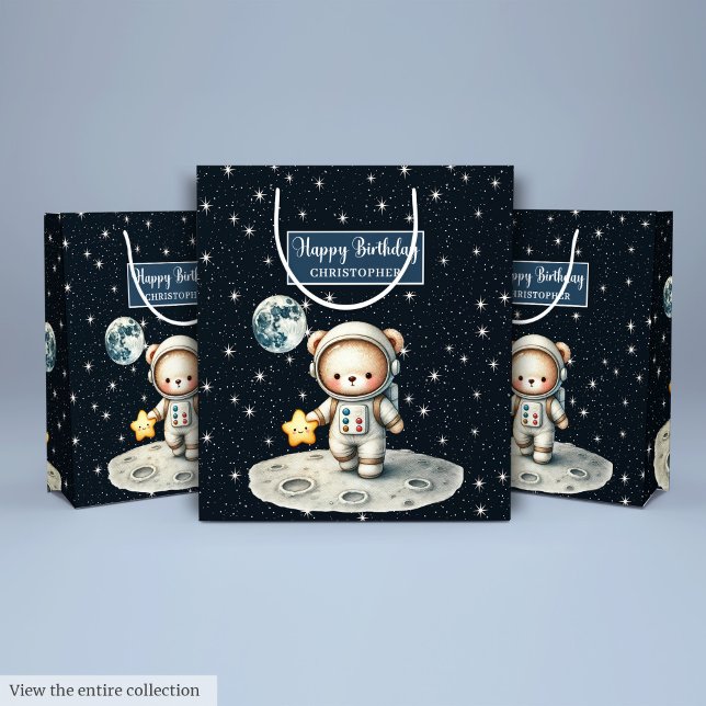 Bolsa personalizada de regalo de oso espacial para (Personalized Space Bear Gift Bag for Birthday)