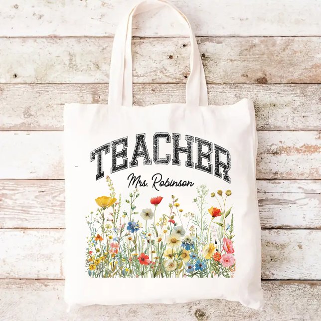 Bolsa personalizada para maestros con flores silve (wildflowers tote bag, personalized name tote, teacher tote bag, teacher appreciation gift)