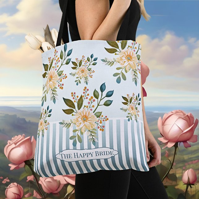 Bolsa retro romántica floral de la toga (Romantic vintage tote bag with stripes on dusty blue with pretty flowers)