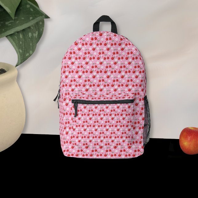 Bolsa rosa Chica de cerezas y flores muy pequeñas (Cherries and tiny white blossoms pink backpack .)