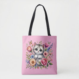 Bolsa rosa con gato y acuarela floral