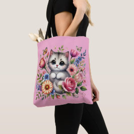 Bolsa rosa con gato y acuarela floral