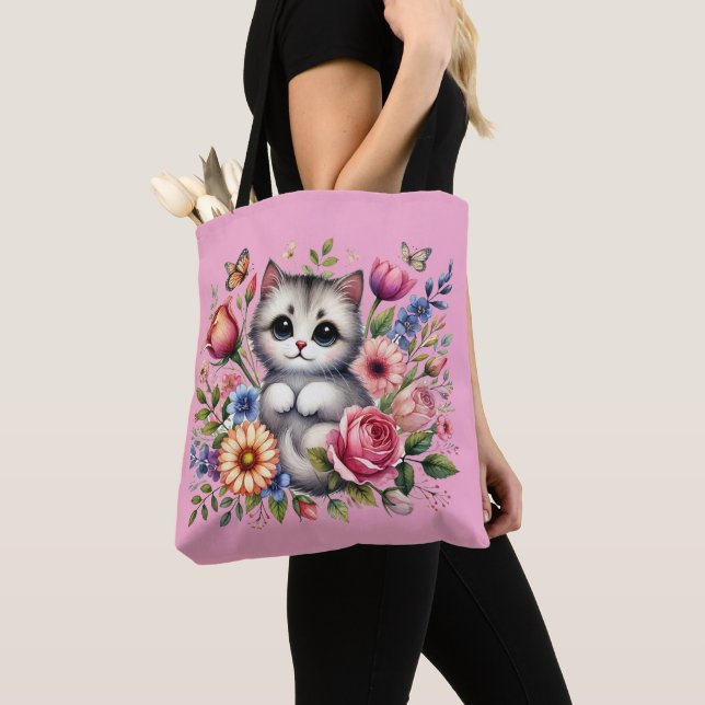 Bolsa rosa con gato y acuarela floral (Detalle)