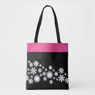 Bolsa rosa y negra con flores blancas