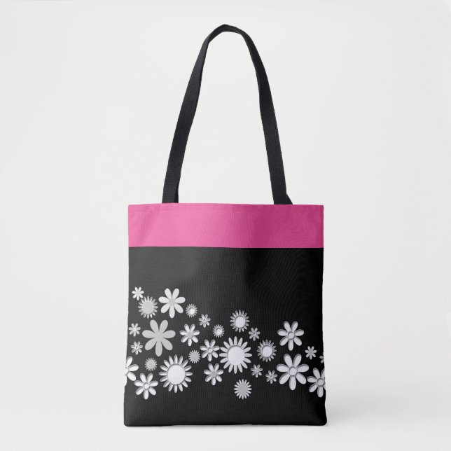 Bolsa rosa y negra con flores blancas (Anverso)