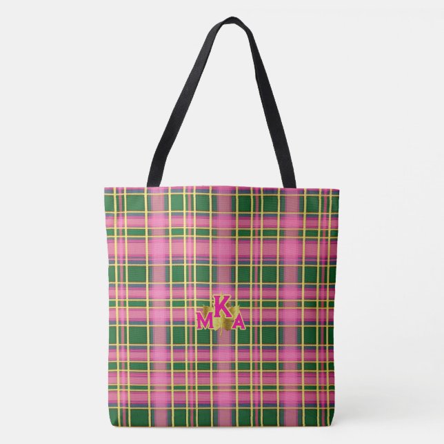 Bolsa tote a cuadros rosa y verde con monograma (Anverso)