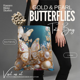 Bolsa Tote Bag con mariposas de oro y perla