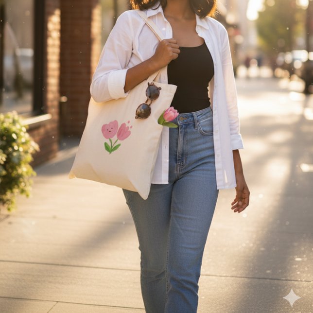 Bolsa Tote Cara de Corazón de Tulipán Rosa Feliz (Subido por el creador)