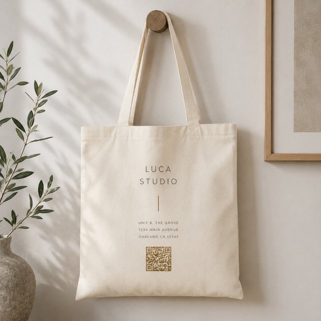 Bolsa Tote | Código QR Personalizado Logotipo de N (Custom QR code tote bag with logo, address details, and website access for small brands.)
