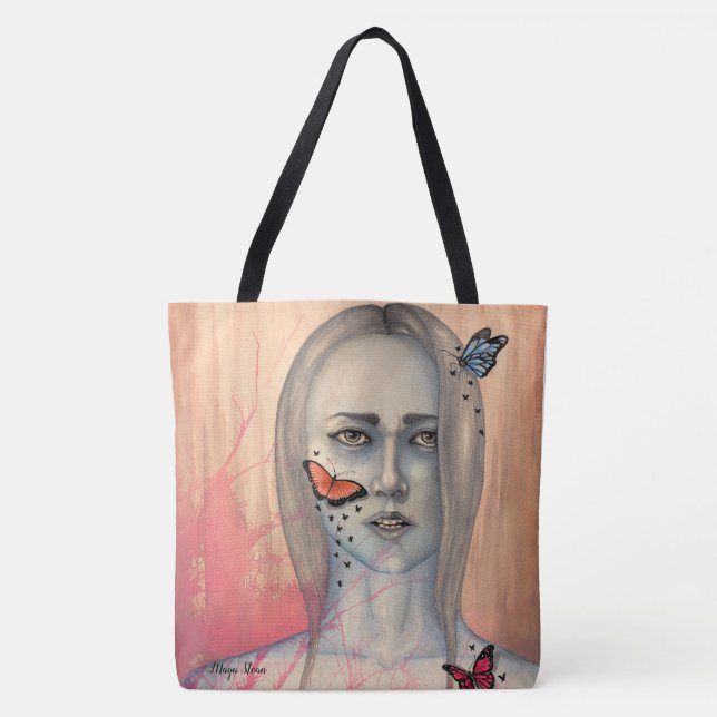 Bolsa Tote con cara de mujer y mariposas (Anverso)