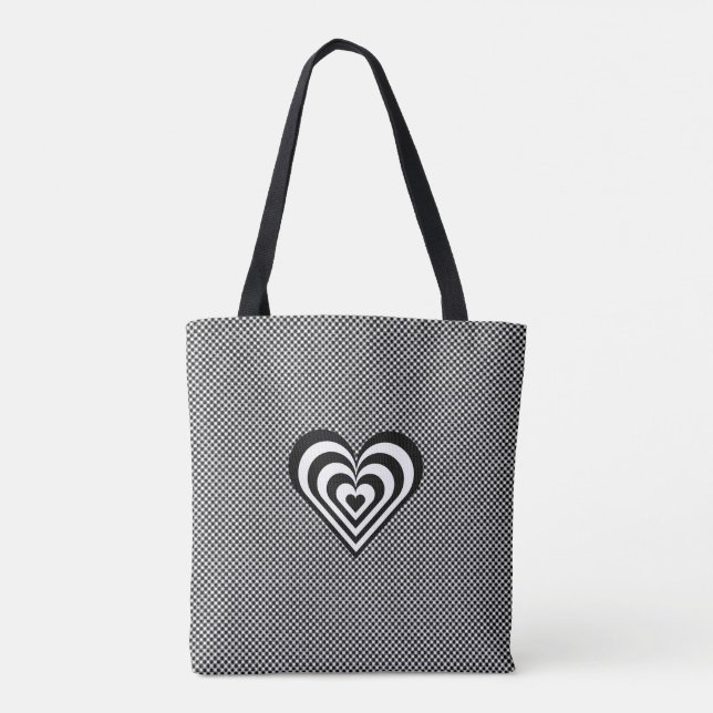 Bolsa tote con corazón sobre patrón de ajedrez bla (Reverso)