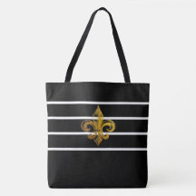 BOLSA TOTÉ CON DISEÑO DE FLOUR DE LIS A RAYAS NEGR