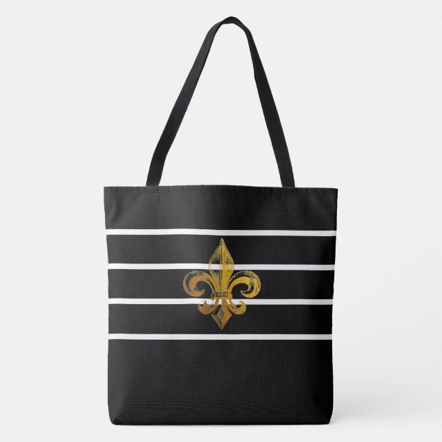 BOLSA TOTÉ CON DISEÑO DE FLOUR DE LIS A RAYAS NEGR (Anverso)