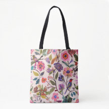 Bolsa tote con patrón floral y de aves colorido |