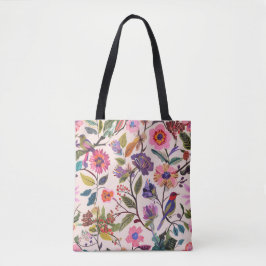 Bolsa tote con patrón floral y de aves colorido | 