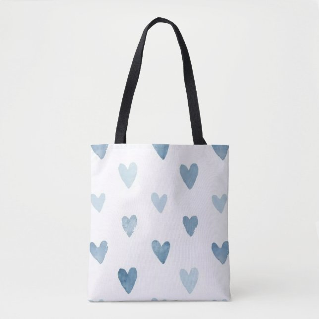 Bolsa Tote Corazones Acuarela Azul  (Anverso)