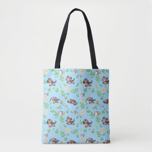 Bolsa Tote Dachshund Flores de Primavera Divertida (Anverso)