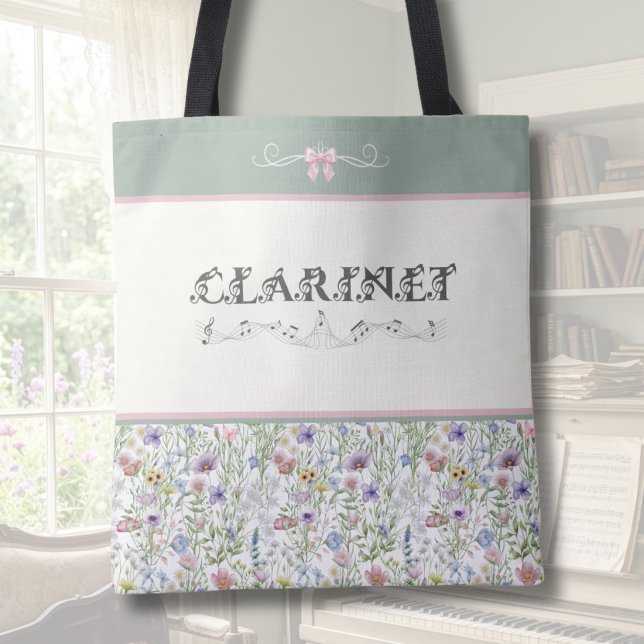 Bolsa Tote de Clarinete de Flores Silvestres Verde (Personalized Clarinet Tote Bag | Whimsical Sage Green & Pink Floral Wildflower Musician Gift)