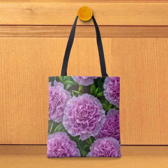 Bolsa tote de claveles lila pálido (Tote bag with pale purple carnations)