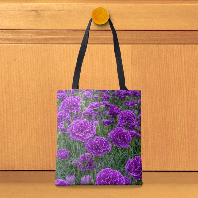 Bolsa tote de claveles púrpura (Tote bag with purple carnations)