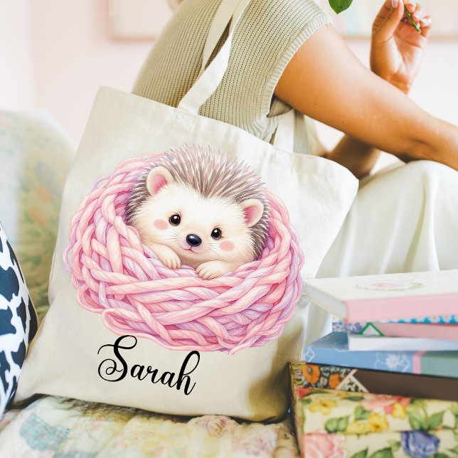 Bolsa tote de erizo tejido (knitted hedgehog in yarn tote bag. )