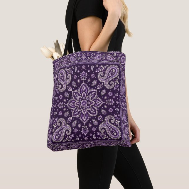 Bolsa tote de estampado paisley de bandana morada  (Detalle)