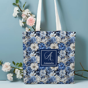 Bolsa Tote de Flores Azules Chic con Nombre Person