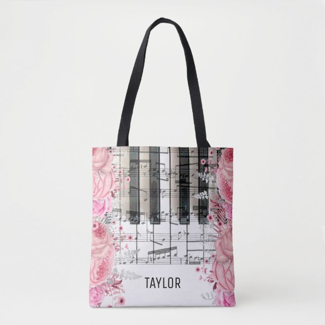 bolsa tote de flores rosadas notas musicales piano (Anverso)