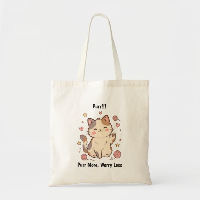 Bolsa Tote de Gato Calico – Ronronea Más, Preocúpa (Frente)