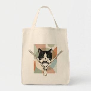 Bolsa tote de gato Peekaboo con fondo geométrico p