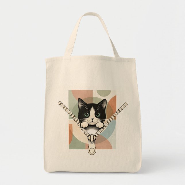 Bolsa tote de gato Peekaboo con fondo geométrico p (Frente)
