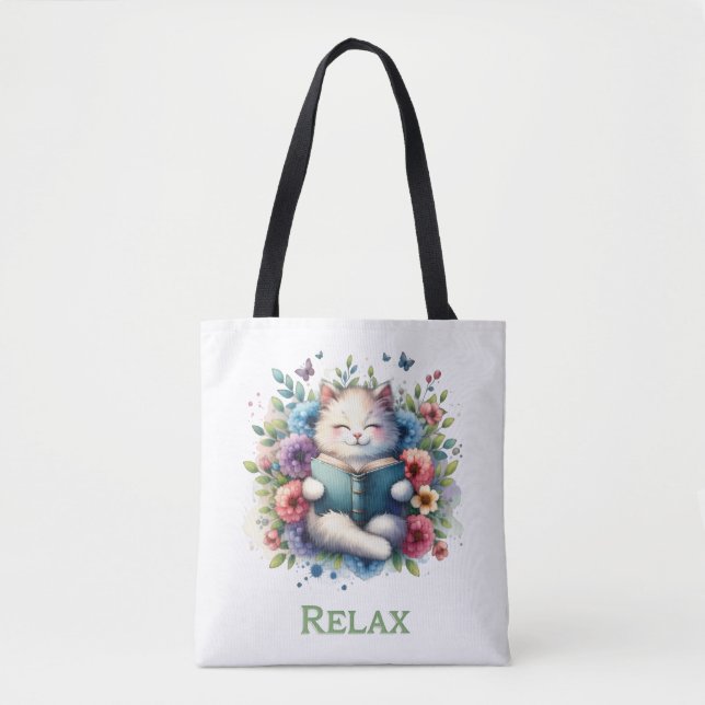 Bolsa tote de gato “Relájate” leyendo (Anverso)