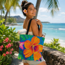 Bolsa tote de hibisco laranja Tropical