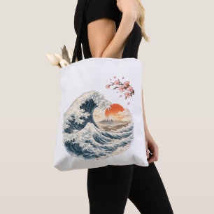 Bolsa tote de la Gran Ola Japonesa con Flor de Cer