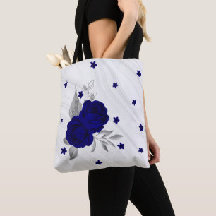 Bolsa tote de mármol con flores azul real y hojas