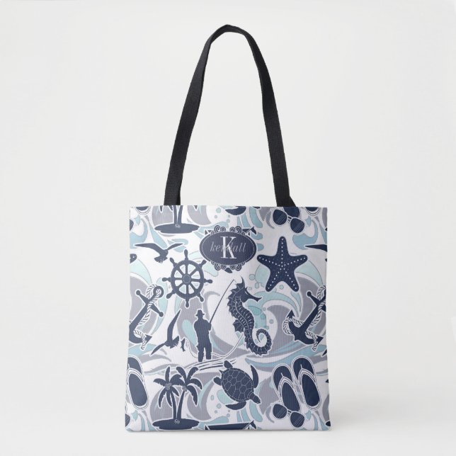 Bolsa Tote de Nautical Beach Pattern Navy ID839 (Anverso)