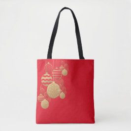 Bolsa tote de Navidad con adornos sobre fondo rojo