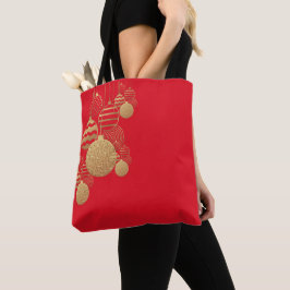 Bolsa tote de Navidad con adornos sobre fondo rojo