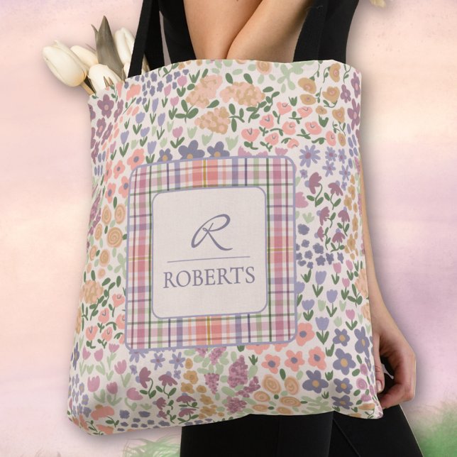 Bolsa tote de patchwork floral y cuadros personali (Personalized Floral Plaid Tote Bag)