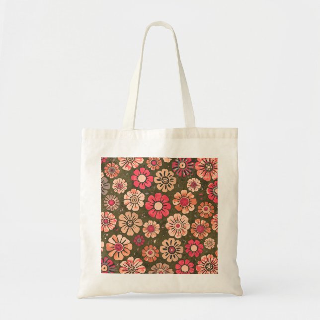 Bolsa tote de patrón floral retro de los 70  (Frente)