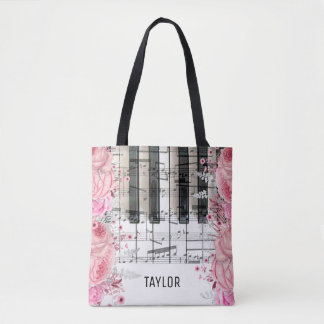 bolsa tote de piano con flores rosas y notas music