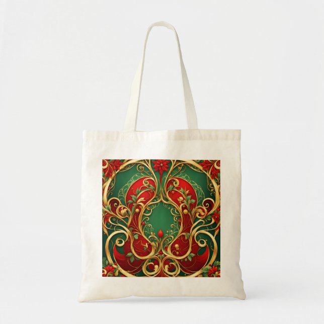 Bolsa Tote Floral Navideña Rojo Verde (Frente)