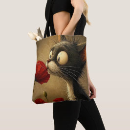 Bolsa Tote, Gato Negro y Blanco Flor Roja