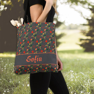 Bolsa tote gris con patrón de amapolas de flores s
