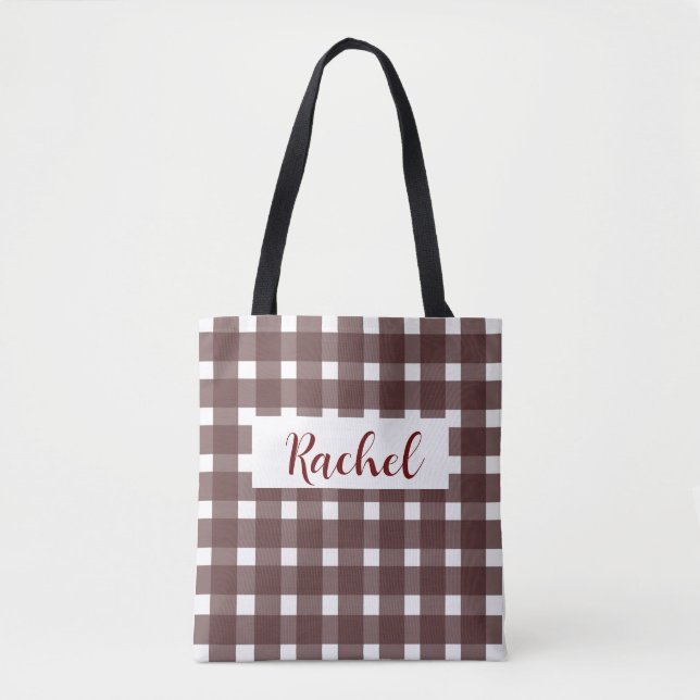 Bolsa Tote Personalizada de Gingham Blanco Marrón (Anverso)
